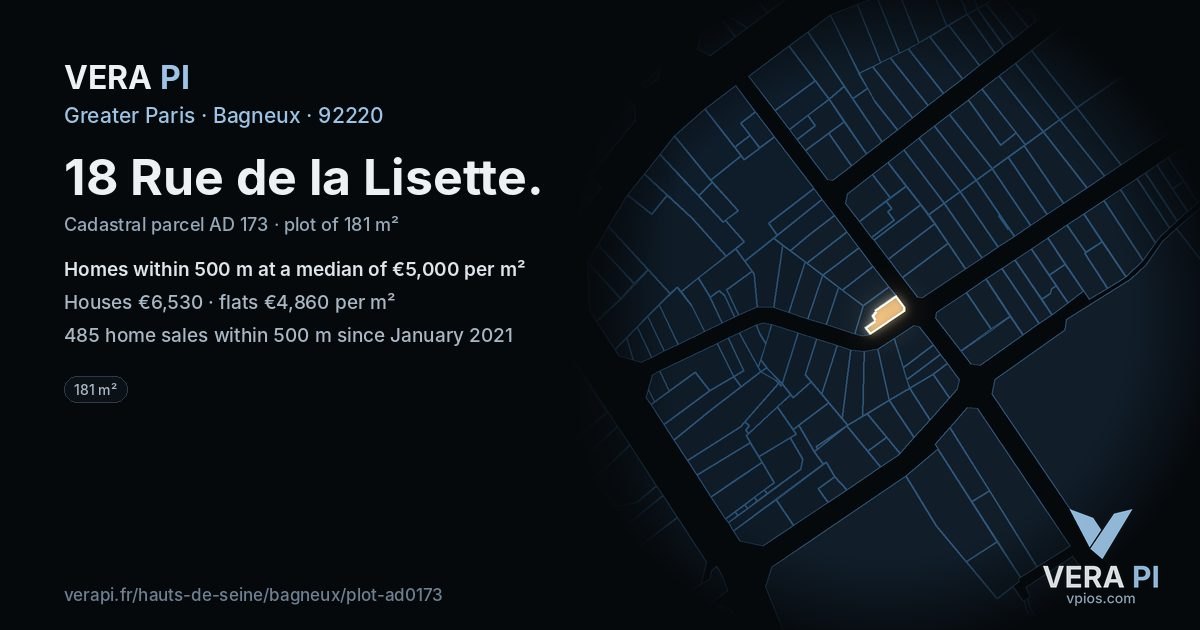 18 Rue de la Lisette, Bagneux at night – the plot lit, the parcels around coloured by the prices near them