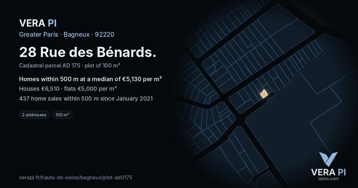 28 Rue des Bénards, Bagneux at night – the plot lit, the parcels around coloured by the prices near them