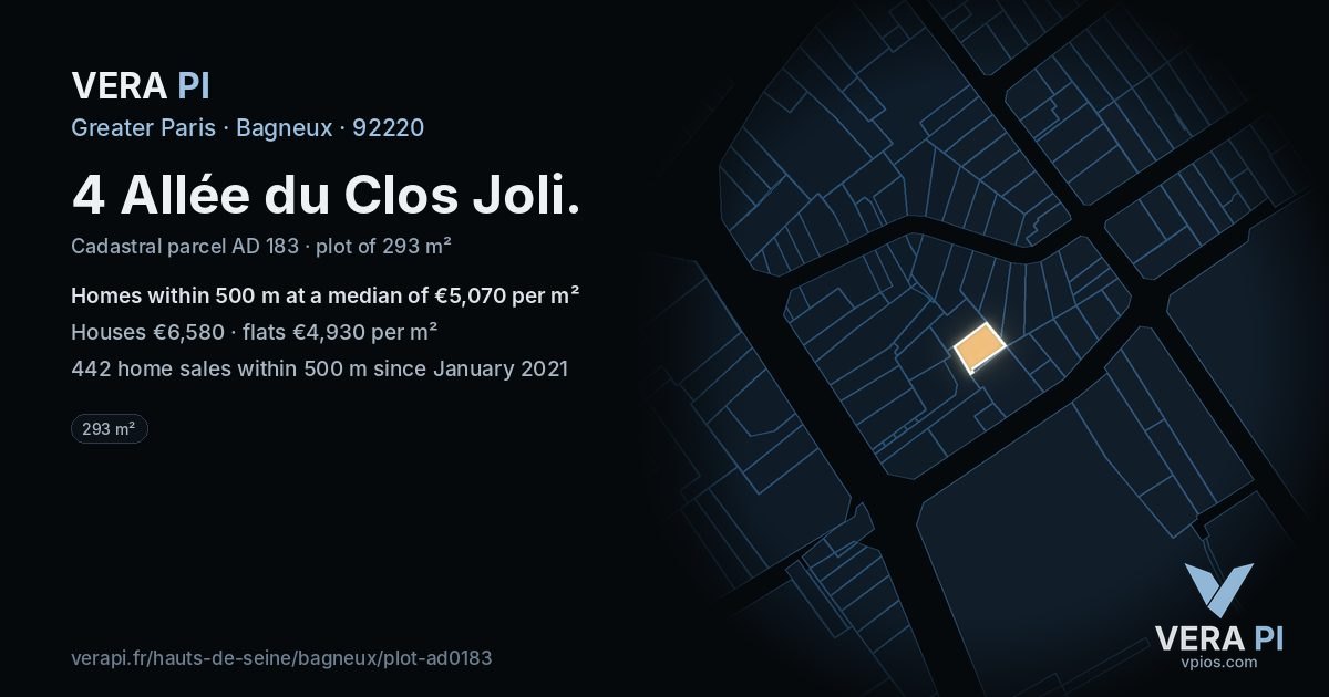 4 Allée du Clos Joli, Bagneux at night – the plot lit, the parcels around coloured by the prices near them