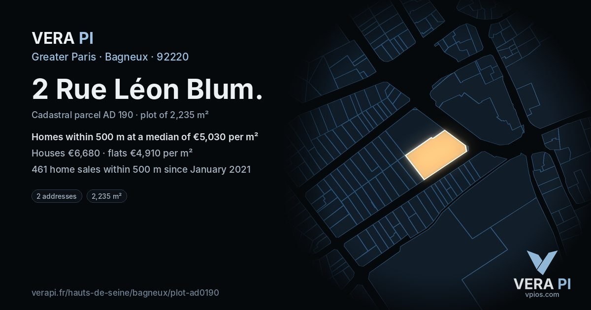2 Rue Léon Blum, Bagneux at night – the plot lit, the parcels around coloured by the prices near them