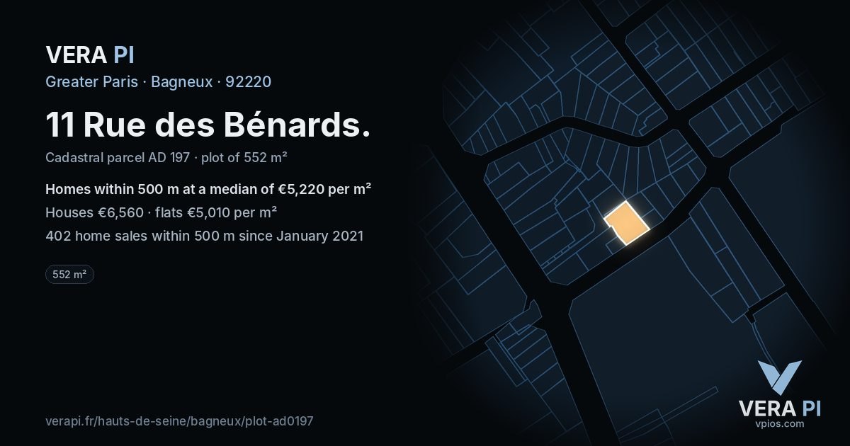 11 Rue des Bénards, Bagneux at night – the plot lit, the parcels around coloured by the prices near them