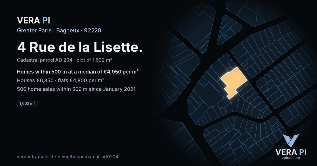 4 Rue de la Lisette, Bagneux at night – the plot lit, the parcels around coloured by the prices near them