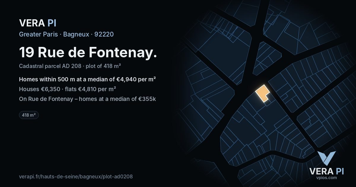 19 Rue de Fontenay, Bagneux at night – the plot lit, the parcels around coloured by the prices near them