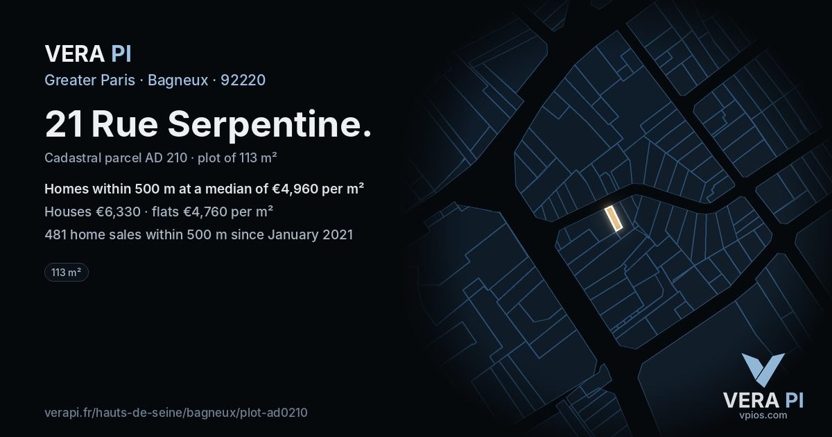 21 Rue Serpentine, Bagneux at night – the plot lit, the parcels around coloured by the prices near them
