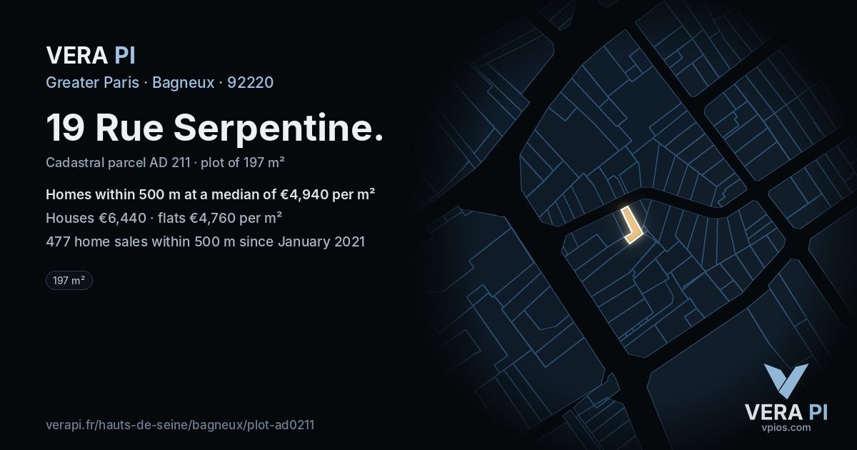 19 Rue Serpentine, Bagneux at night – the plot lit, the parcels around coloured by the prices near them
