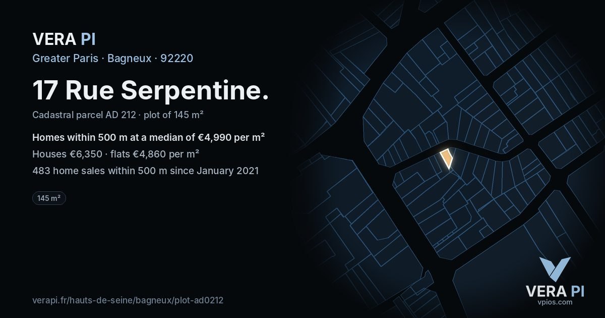 17 Rue Serpentine, Bagneux at night – the plot lit, the parcels around coloured by the prices near them