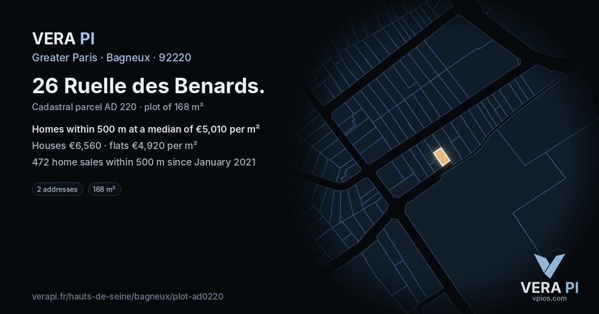 26 Ruelle des Benards, Bagneux at night – the plot lit, the parcels around coloured by the prices near them