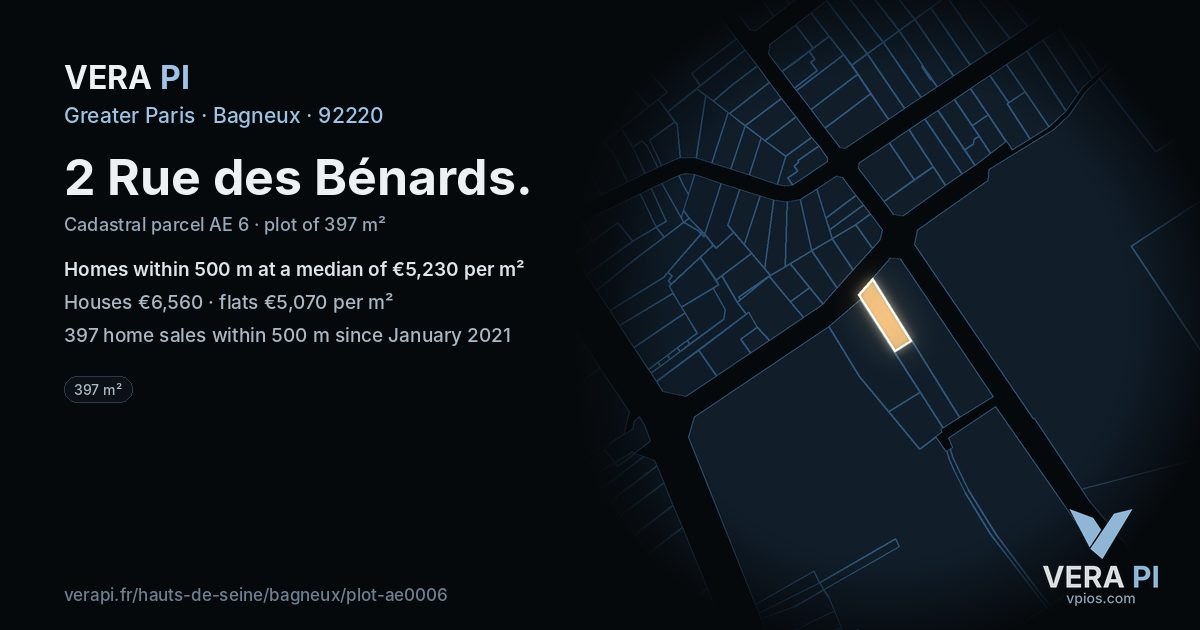2 Rue des Bénards, Bagneux at night – the plot lit, the parcels around coloured by the prices near them
