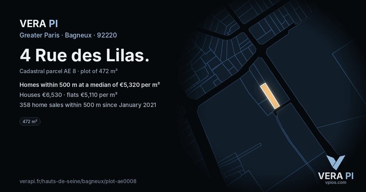 4 Rue des Lilas, Bagneux at night – the plot lit, the parcels around coloured by the prices near them