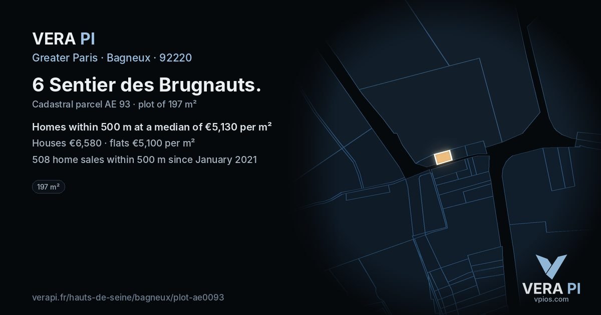 6 Sentier des Brugnauts, Bagneux at night – the plot lit, the parcels around coloured by the prices near them