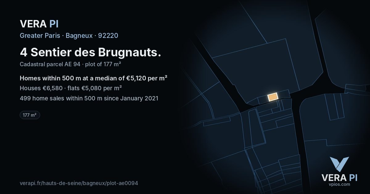 4 Sentier des Brugnauts, Bagneux at night – the plot lit, the parcels around coloured by the prices near them