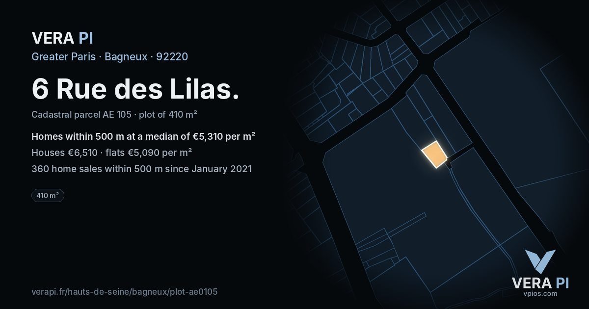 6 Rue des Lilas, Bagneux at night – the plot lit, the parcels around coloured by the prices near them