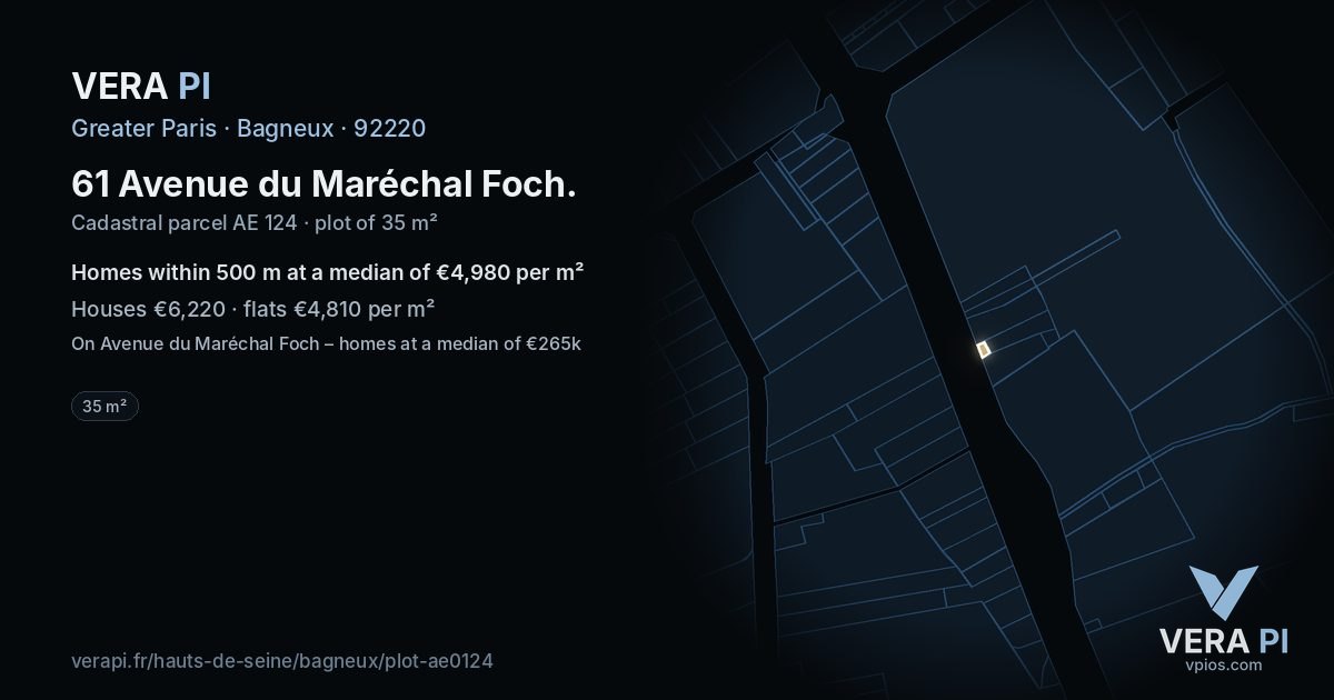 61 Avenue du Maréchal Foch, Bagneux at night – the plot lit, the parcels around coloured by the prices near them