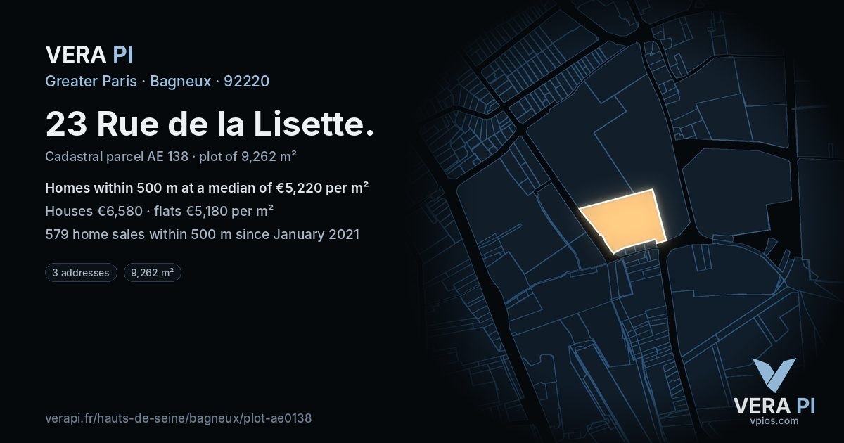 23 Rue de la Lisette, Bagneux at night – the plot lit, the parcels around coloured by the prices near them