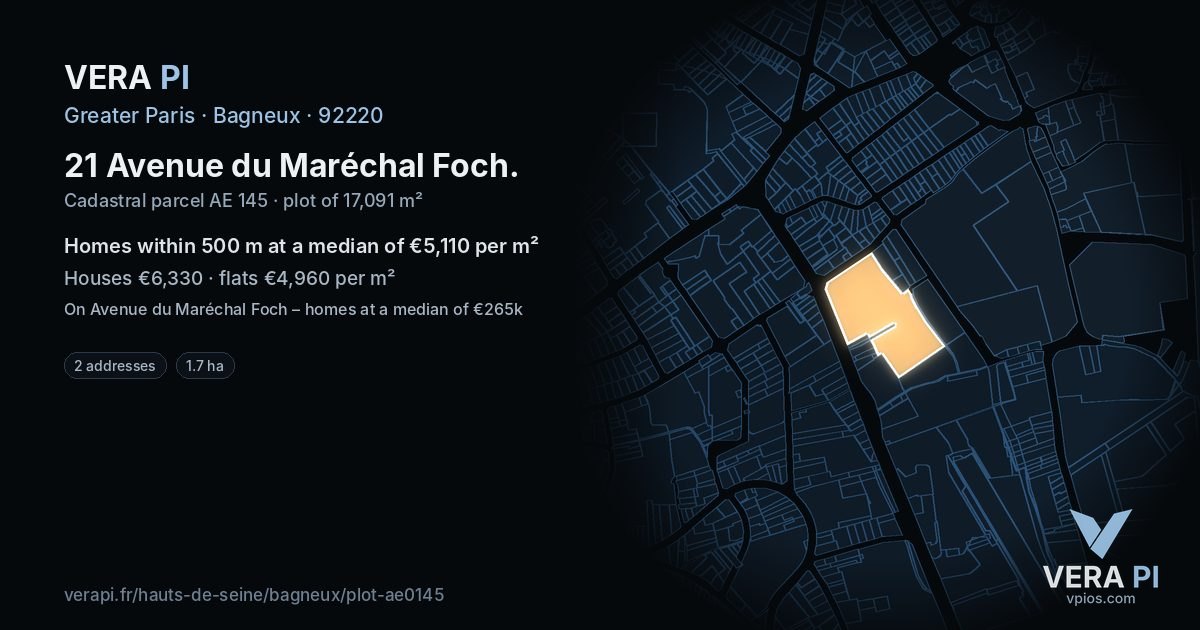 21 Avenue du Maréchal Foch, Bagneux at night – the plot lit, the parcels around coloured by the prices near them