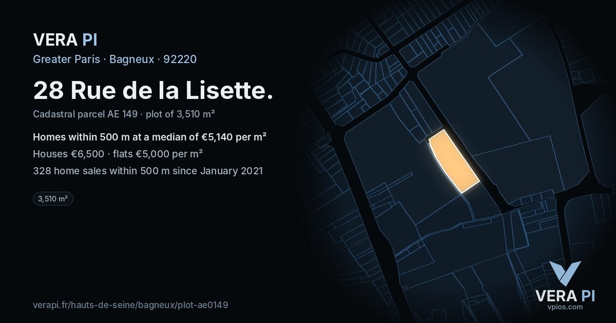 28 Rue de la Lisette, Bagneux at night – the plot lit, the parcels around coloured by the prices near them