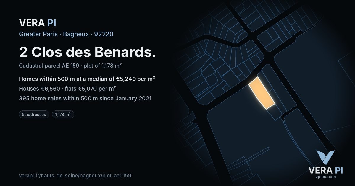 2 Clos des Benards, Bagneux at night – the plot lit, the parcels around coloured by the prices near them