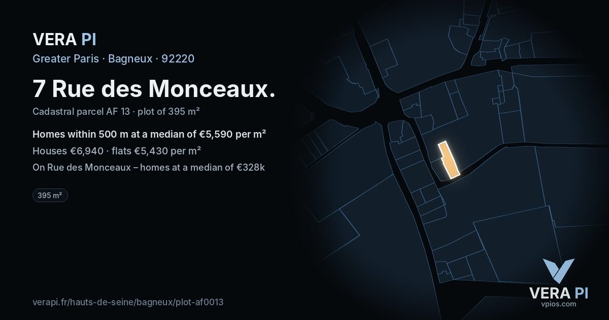 7 Rue des Monceaux, Bagneux at night – the plot lit, the parcels around coloured by the prices near them
