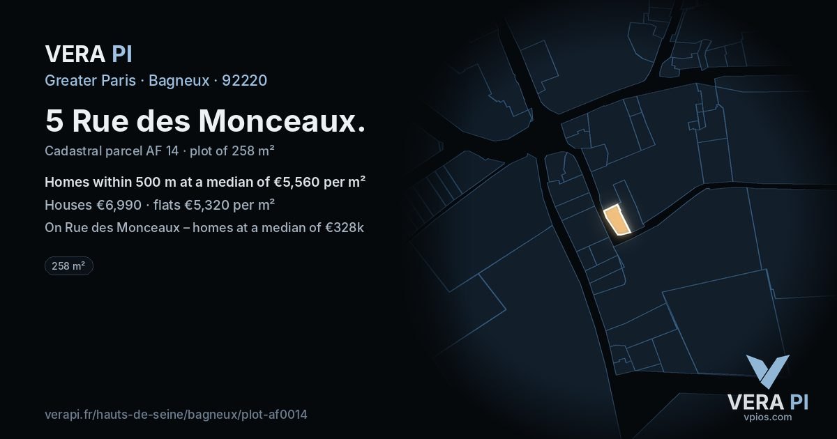 5 Rue des Monceaux, Bagneux at night – the plot lit, the parcels around coloured by the prices near them