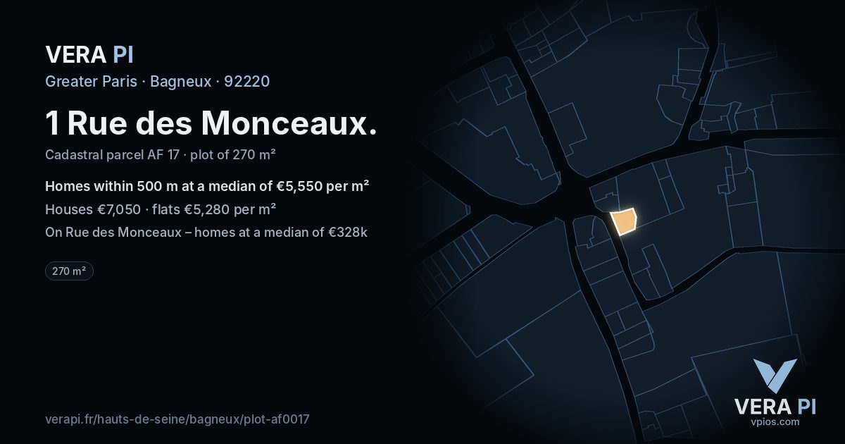 1 Rue des Monceaux, Bagneux at night – the plot lit, the parcels around coloured by the prices near them