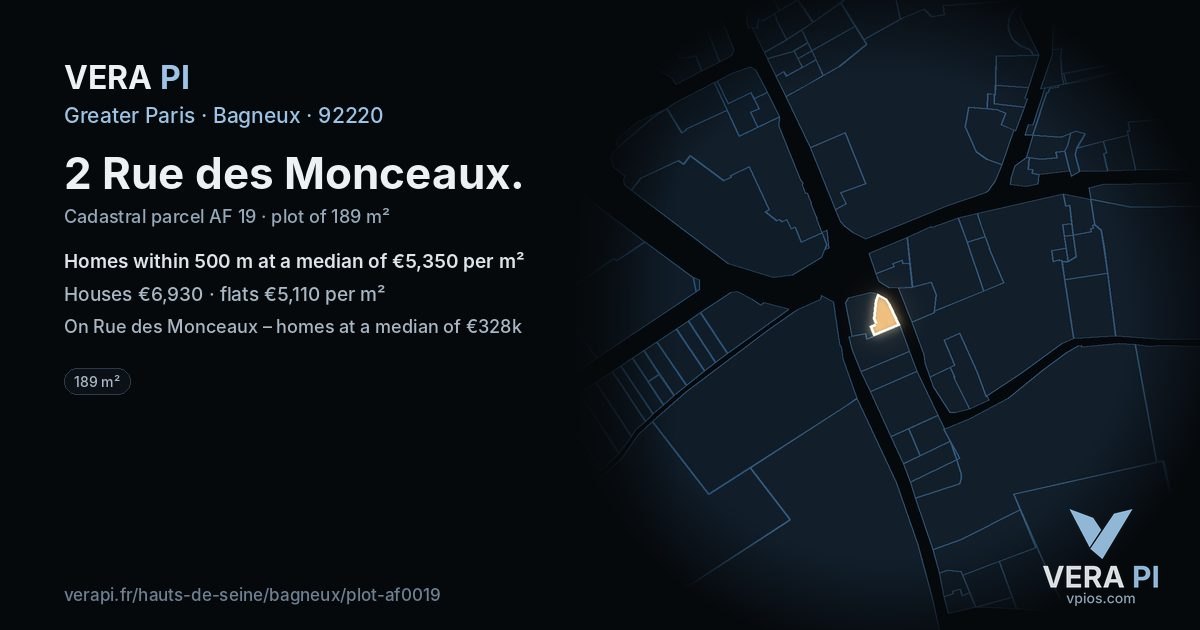 2 Rue des Monceaux, Bagneux at night – the plot lit, the parcels around coloured by the prices near them
