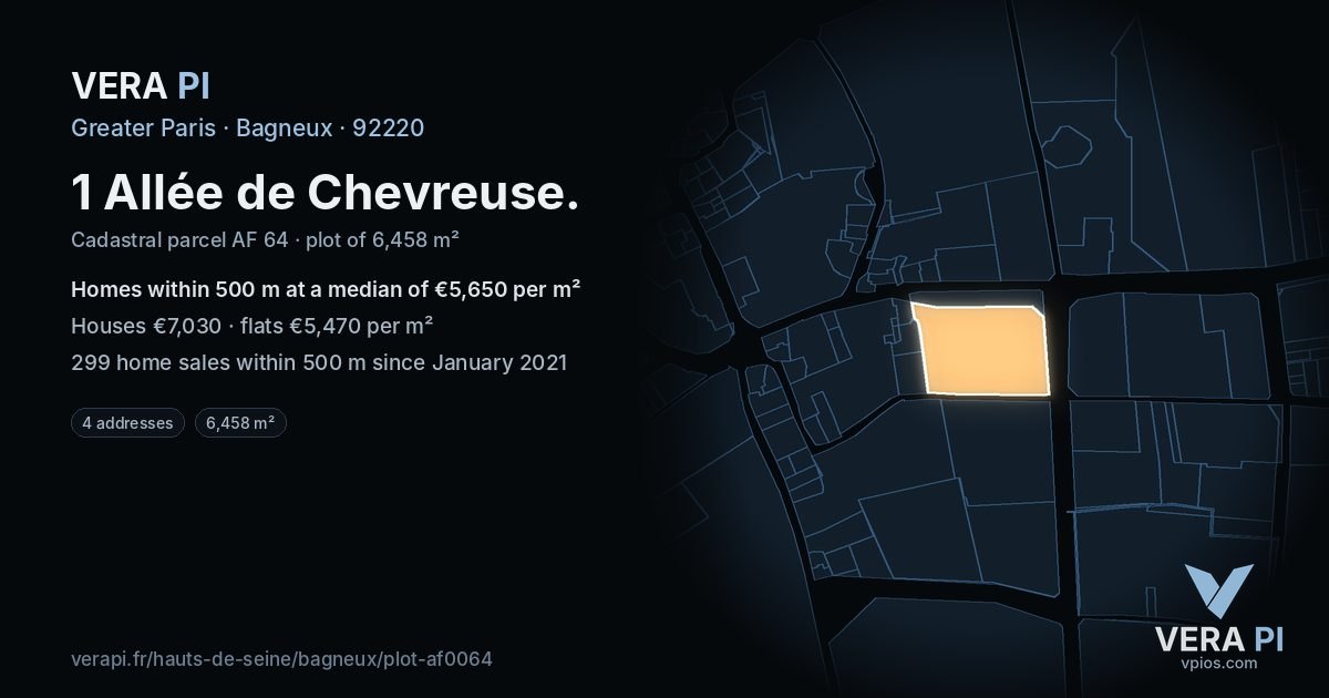 1 Allée de Chevreuse, Bagneux at night – the plot lit, the parcels around coloured by the prices near them