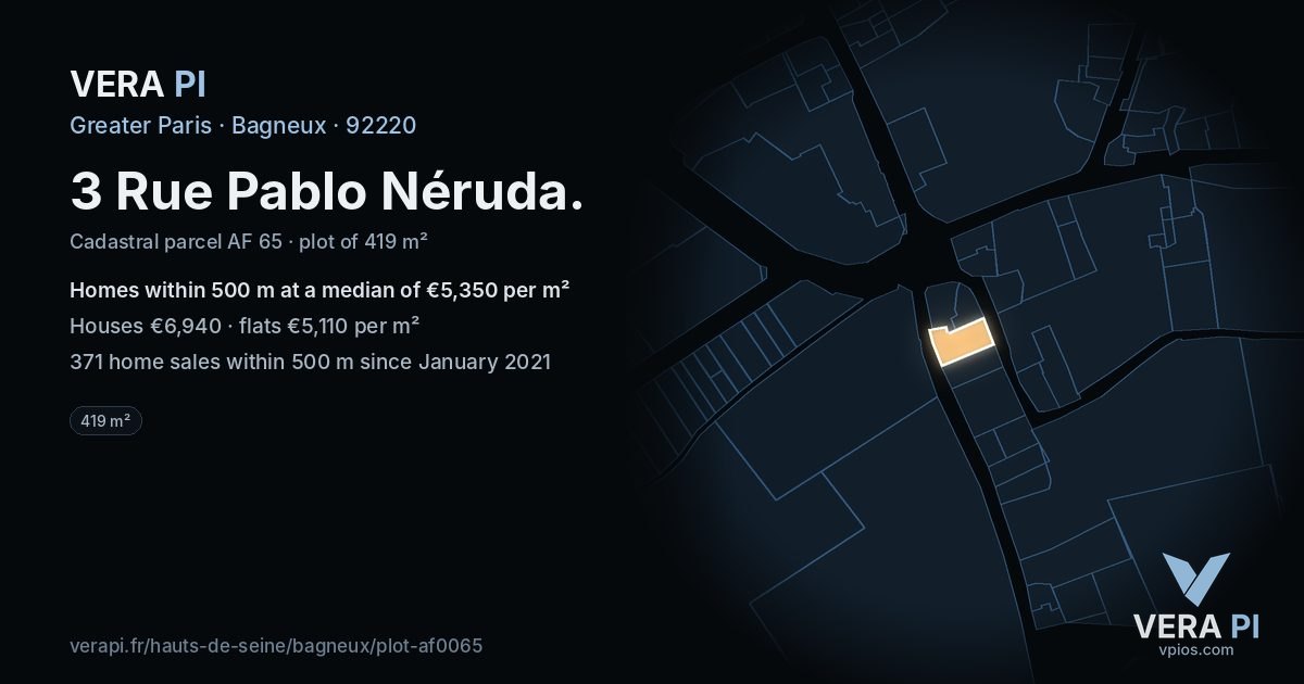 3 Rue Pablo Néruda, Bagneux at night – the plot lit, the parcels around coloured by the prices near them