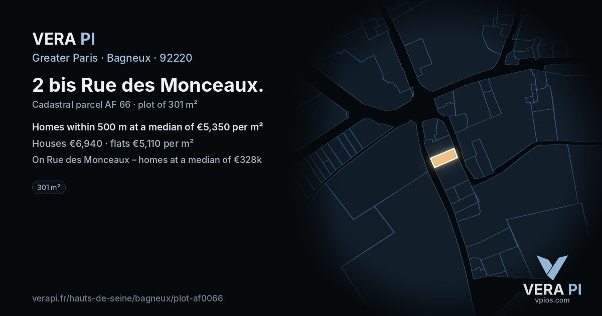 2 bis Rue des Monceaux, Bagneux at night – the plot lit, the parcels around coloured by the prices near them