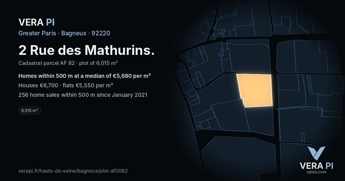 2 Rue des Mathurins, Bagneux at night – the plot lit, the parcels around coloured by the prices near them