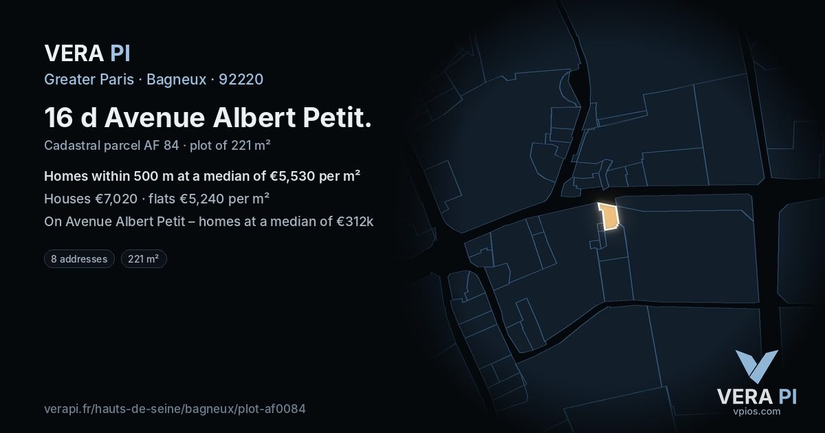 16 d Avenue Albert Petit, Bagneux at night – the plot lit, the parcels around coloured by the prices near them