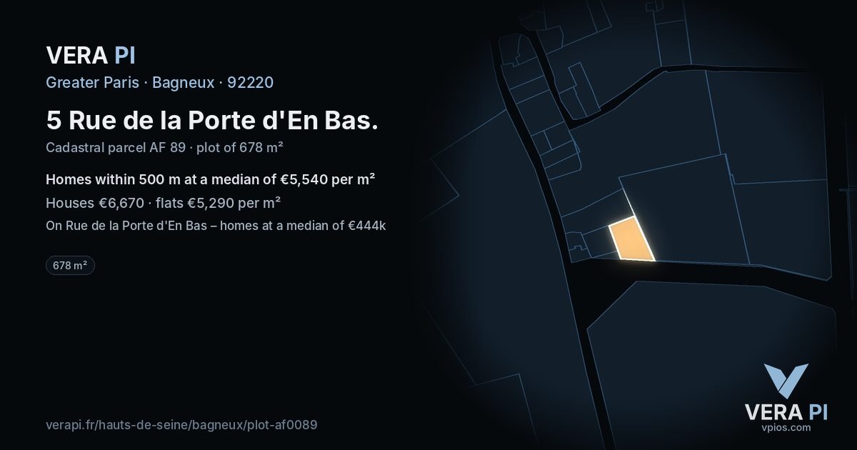 5 Rue de la Porte d'En Bas, Bagneux at night – the plot lit, the parcels around coloured by the prices near them
