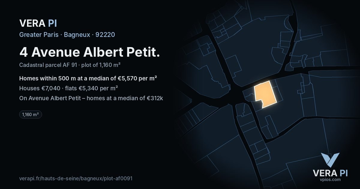 4 Avenue Albert Petit, Bagneux at night – the plot lit, the parcels around coloured by the prices near them