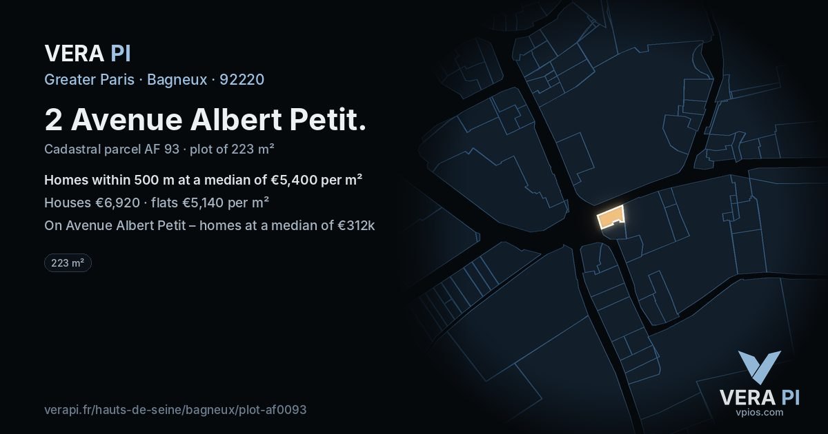 2 Avenue Albert Petit, Bagneux at night – the plot lit, the parcels around coloured by the prices near them