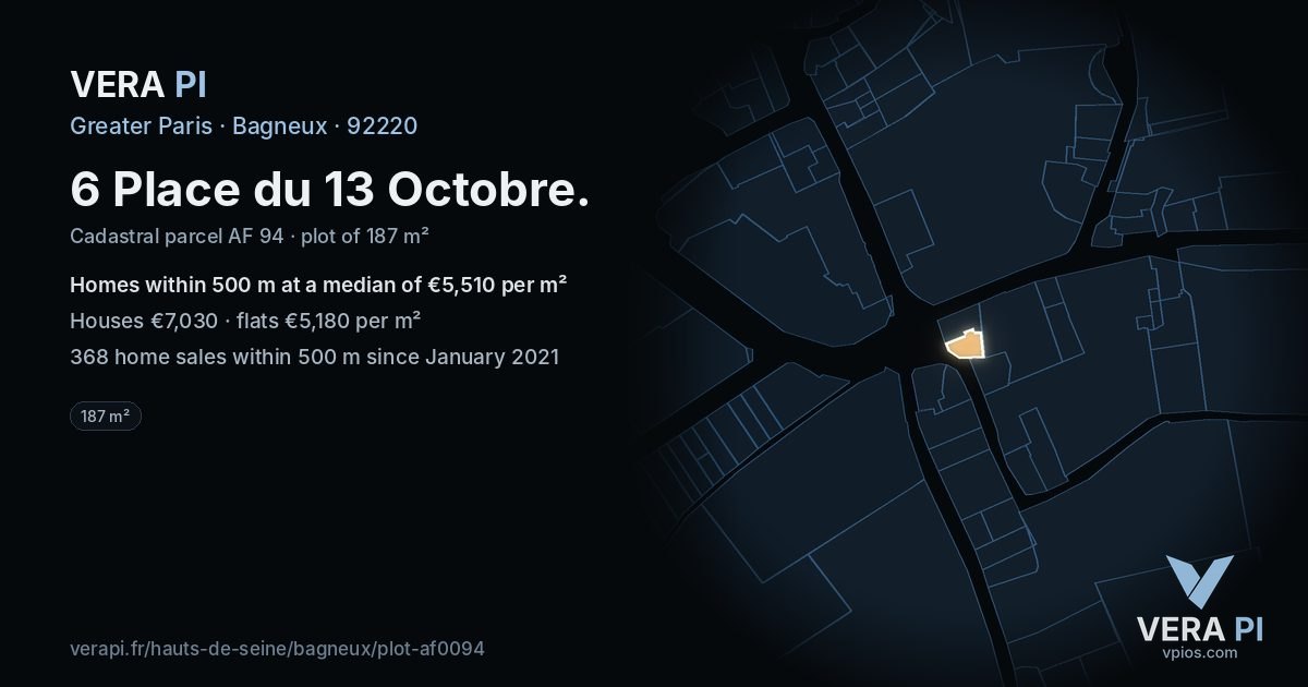 6 Place du 13 Octobre, Bagneux at night – the plot lit, the parcels around coloured by the prices near them