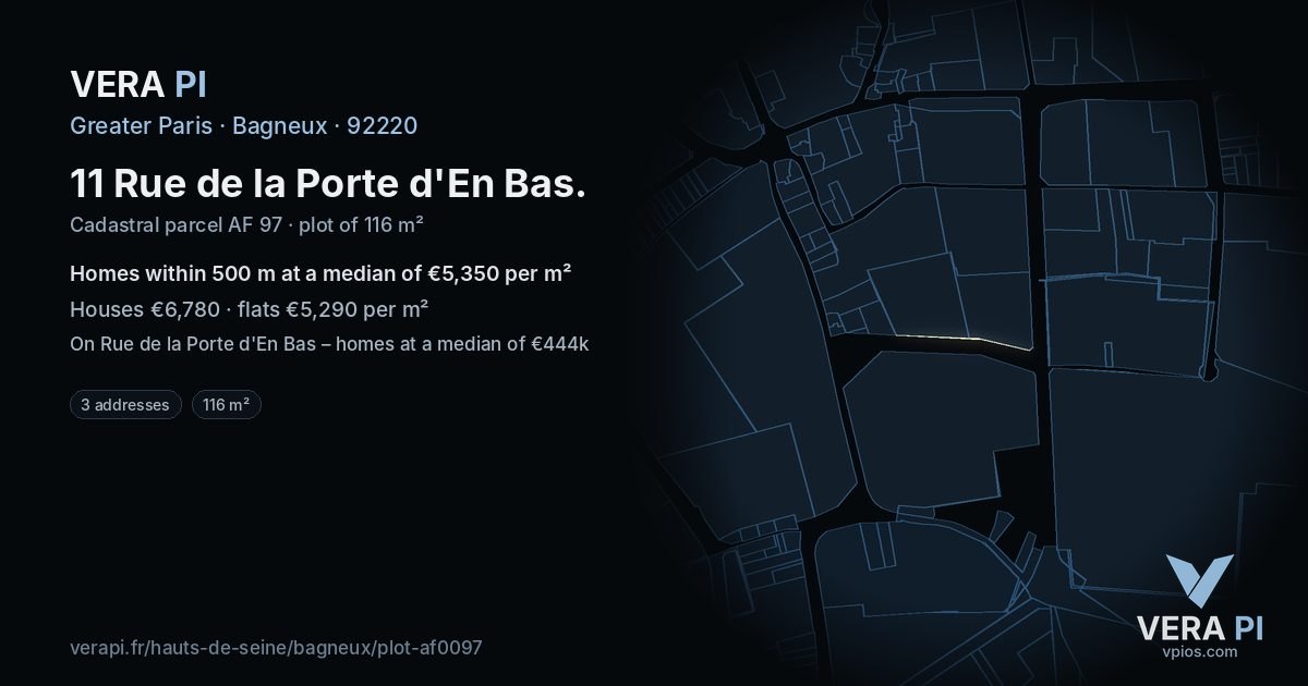 11 Rue de la Porte d'En Bas, Bagneux at night – the plot lit, the parcels around coloured by the prices near them