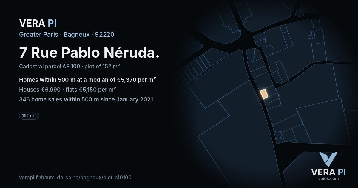 7 Rue Pablo Néruda, Bagneux at night – the plot lit, the parcels around coloured by the prices near them