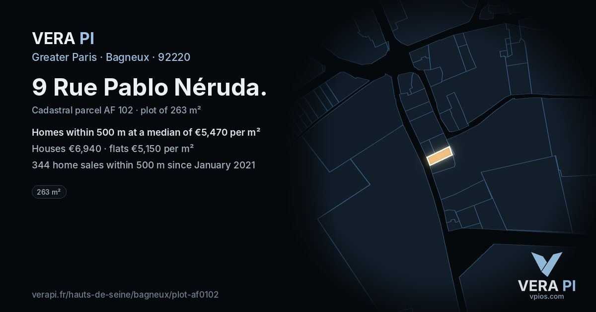 9 Rue Pablo Néruda, Bagneux at night – the plot lit, the parcels around coloured by the prices near them