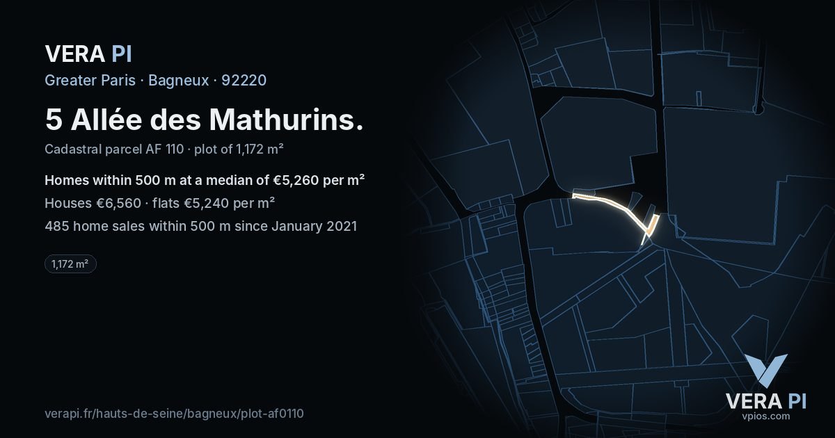5 Allée des Mathurins, Bagneux at night – the plot lit, the parcels around coloured by the prices near them