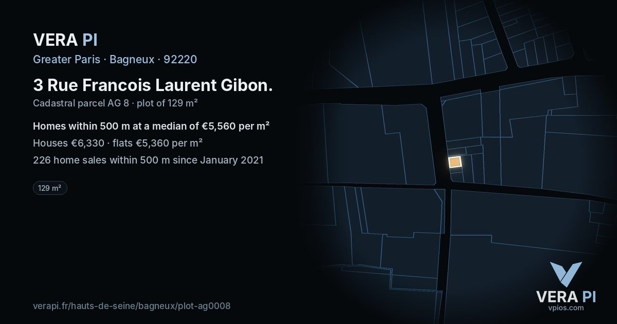 3 Rue Francois Laurent Gibon, Bagneux at night – the plot lit, the parcels around coloured by the prices near them