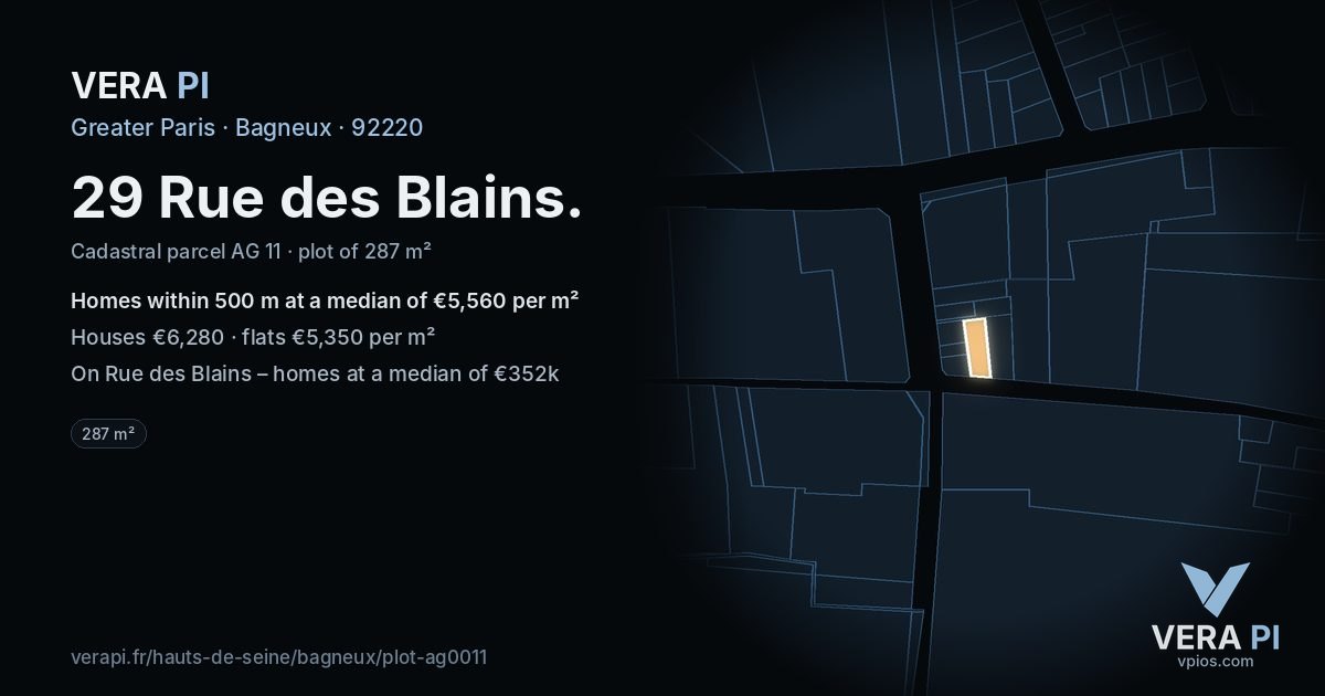 29 Rue des Blains, Bagneux at night – the plot lit, the parcels around coloured by the prices near them