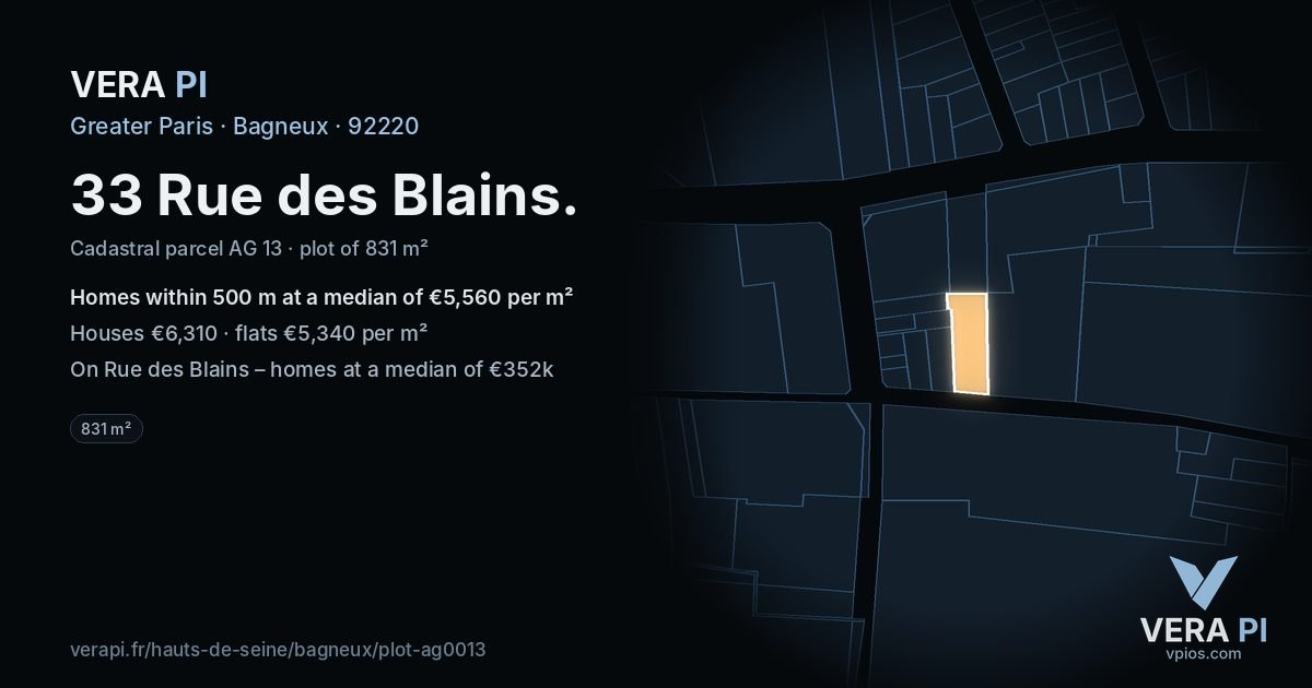 33 Rue des Blains, Bagneux at night – the plot lit, the parcels around coloured by the prices near them