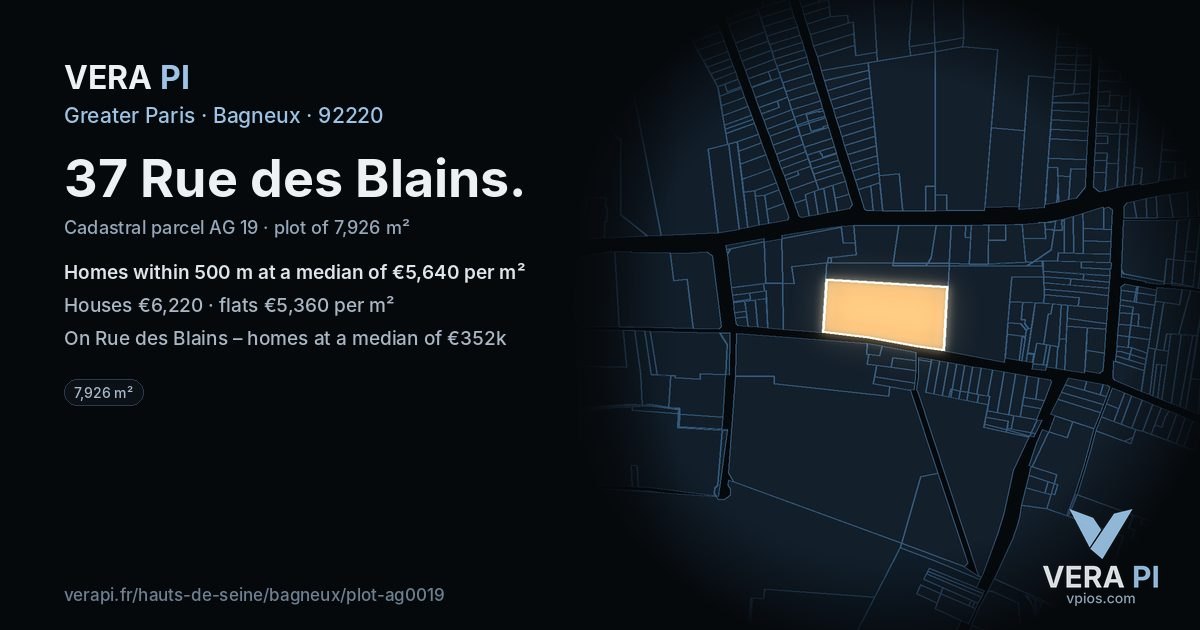 37 Rue des Blains, Bagneux at night – the plot lit, the parcels around coloured by the prices near them