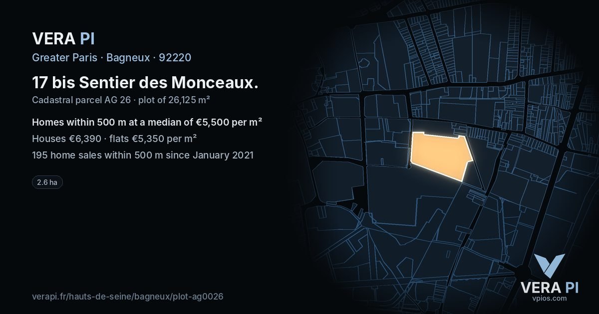 17 bis Sentier des Monceaux, Bagneux at night – the plot lit, the parcels around coloured by the prices near them