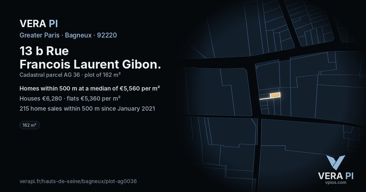 13 b Rue Francois Laurent Gibon, Bagneux at night – the plot lit, the parcels around coloured by the prices near them