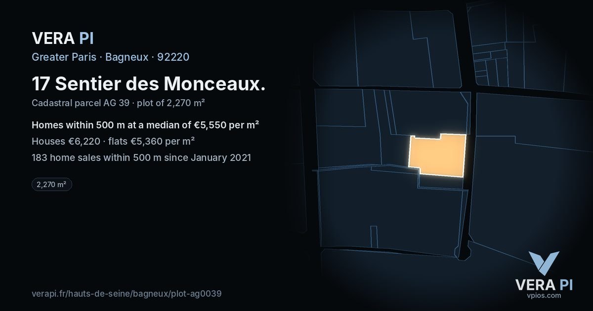 17 Sentier des Monceaux, Bagneux at night – the plot lit, the parcels around coloured by the prices near them