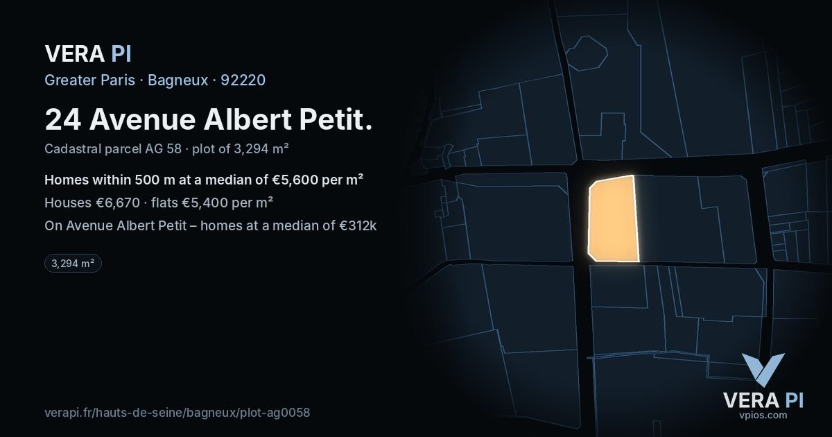 24 Avenue Albert Petit, Bagneux at night – the plot lit, the parcels around coloured by the prices near them