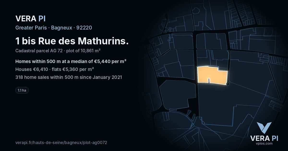 1 bis Rue des Mathurins, Bagneux at night – the plot lit, the parcels around coloured by the prices near them