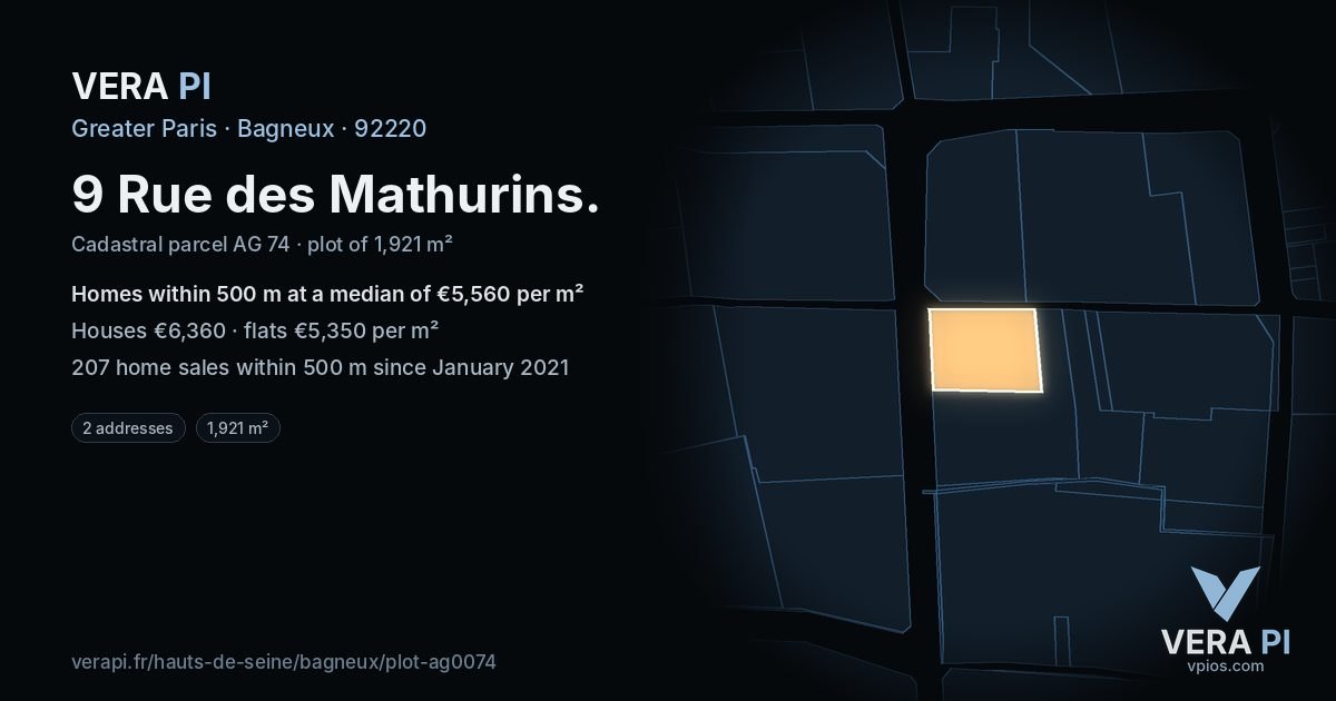 9 Rue des Mathurins, Bagneux at night – the plot lit, the parcels around coloured by the prices near them