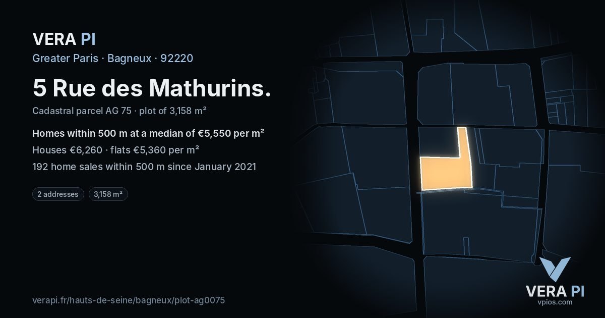5 Rue des Mathurins, Bagneux at night – the plot lit, the parcels around coloured by the prices near them