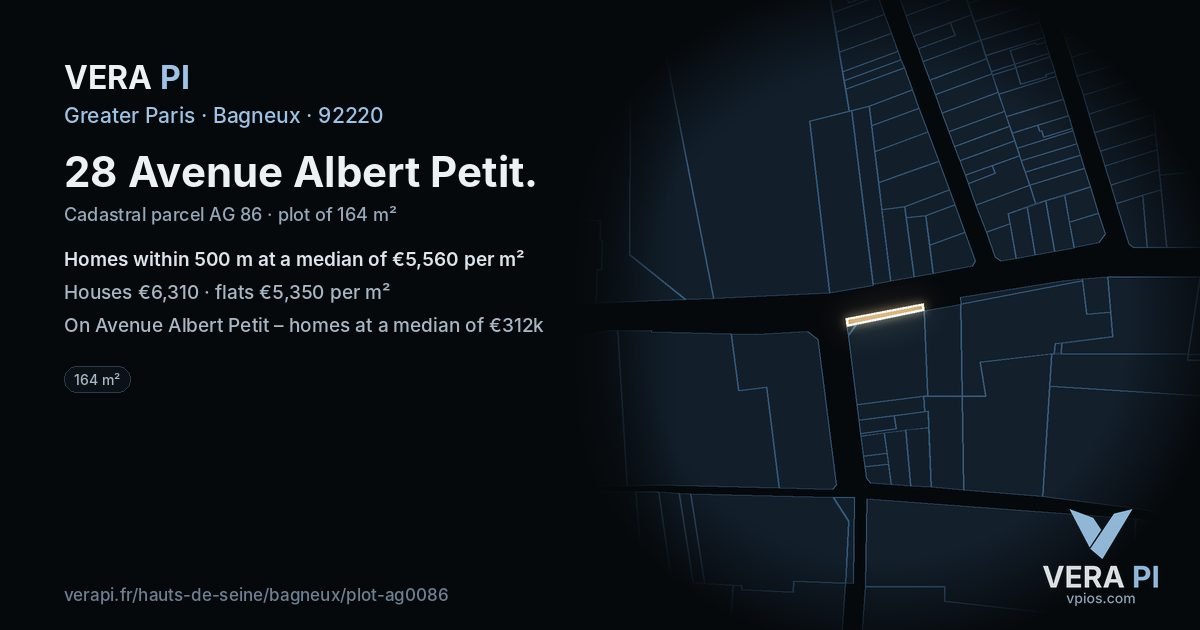 28 Avenue Albert Petit, Bagneux at night – the plot lit, the parcels around coloured by the prices near them